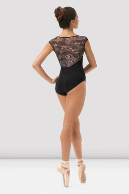 V Neckline Printed Mesh Cap Sleeve Leotard