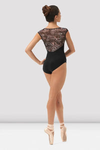 V Neckline Printed Mesh Cap Sleeve Leotard
