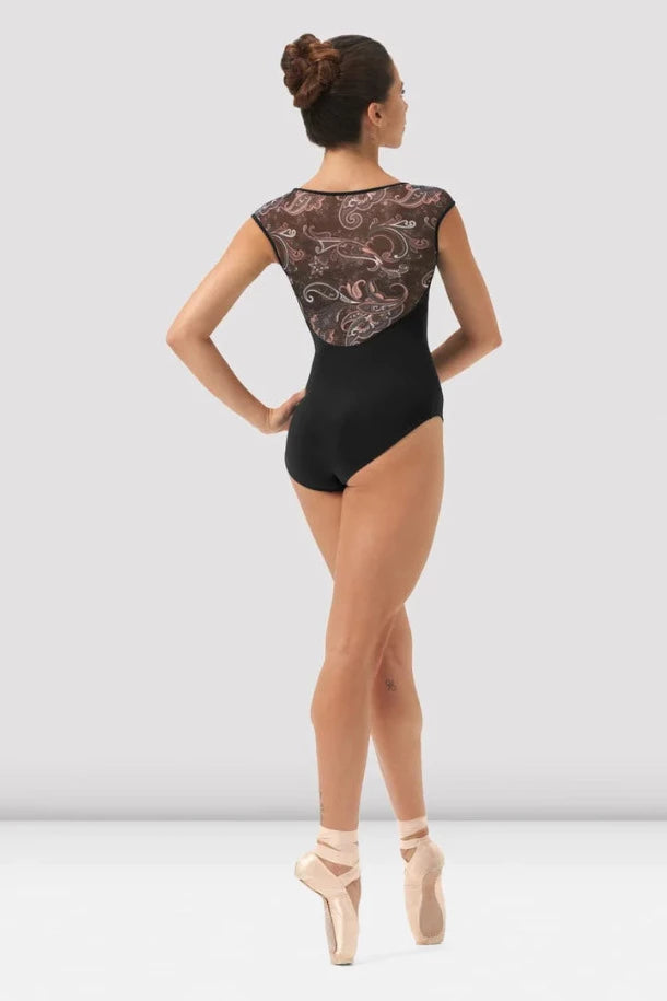 V Neckline Printed Mesh Cap Sleeve Leotard